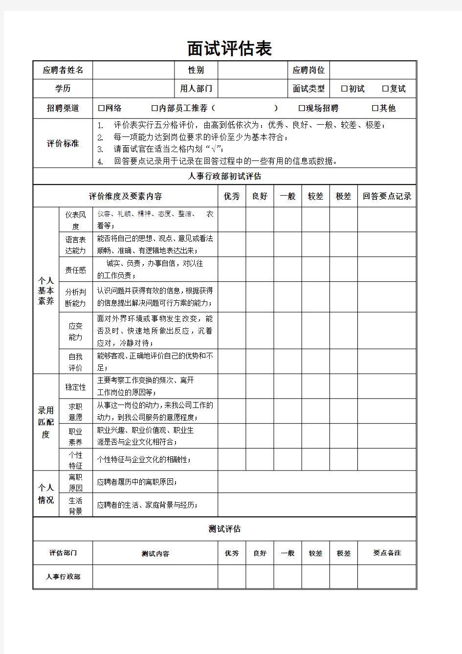 面试评估表表