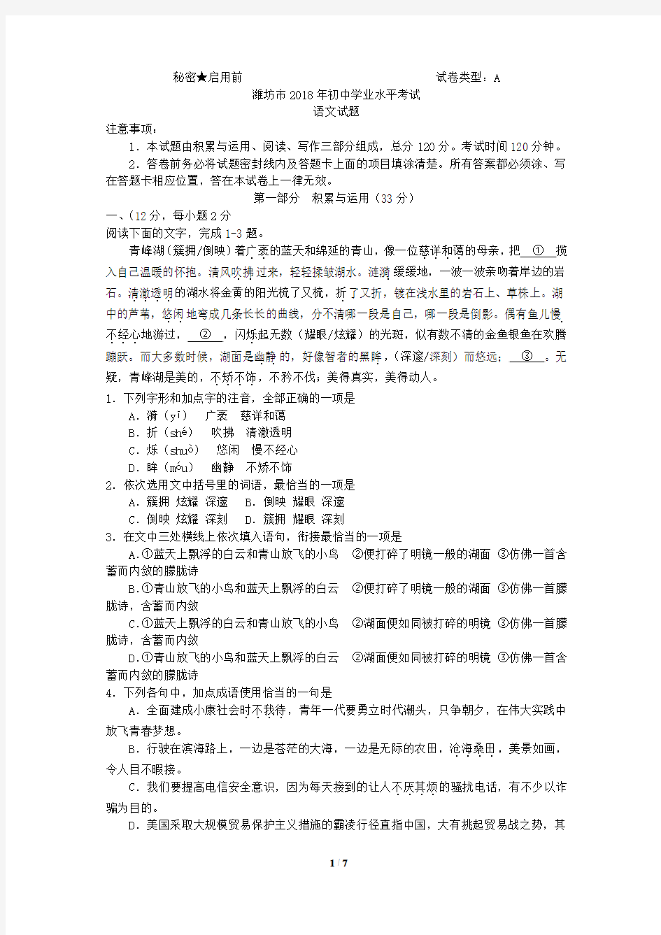 山东省潍坊市2018年初中学业水平考试语文试题