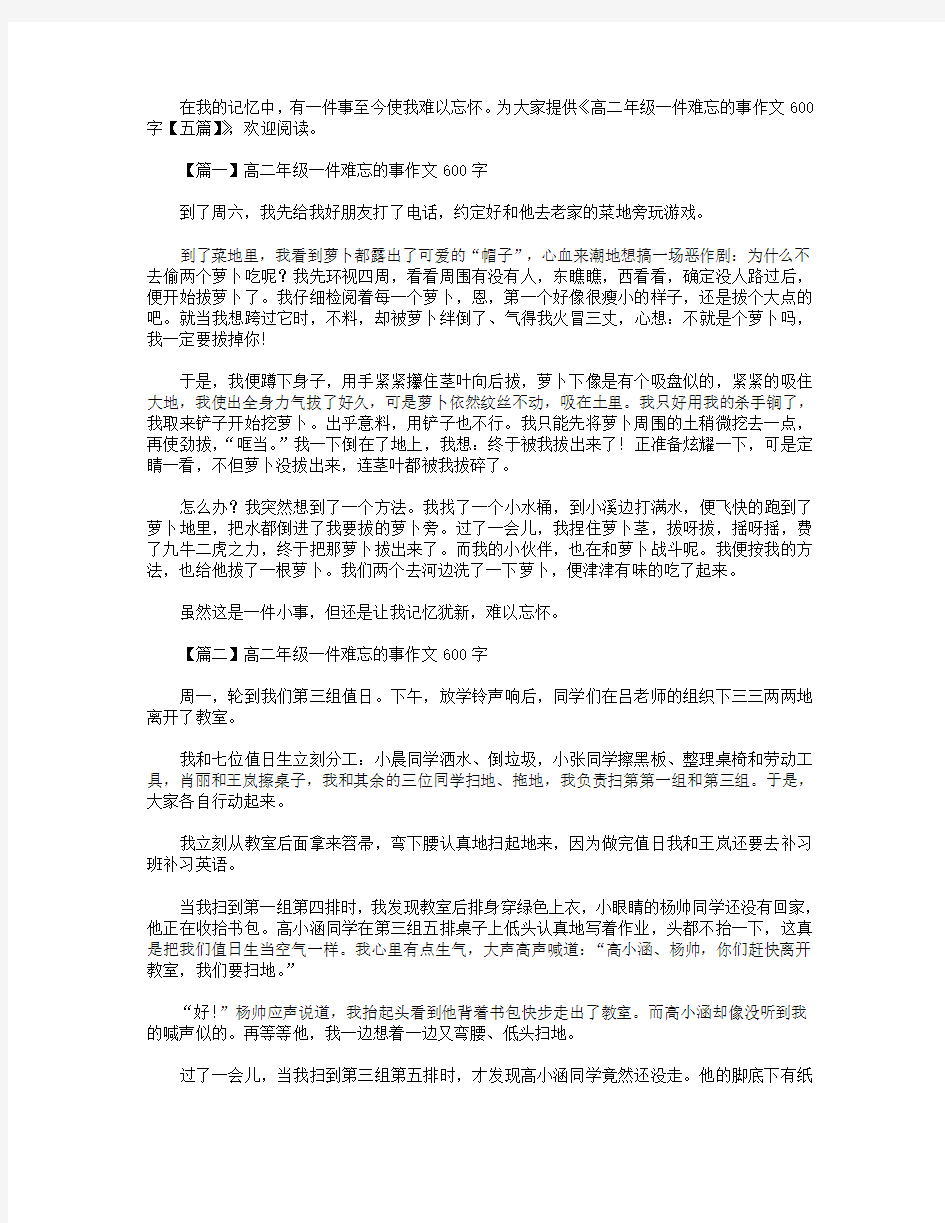 高二年级一件难忘的事作文600字【五篇】.doc