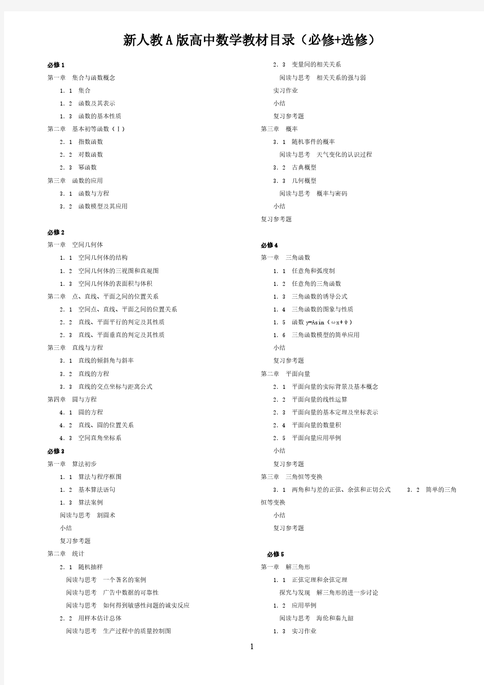 【免费下载】 新人教A版高中数学教材目录(必修+选修)