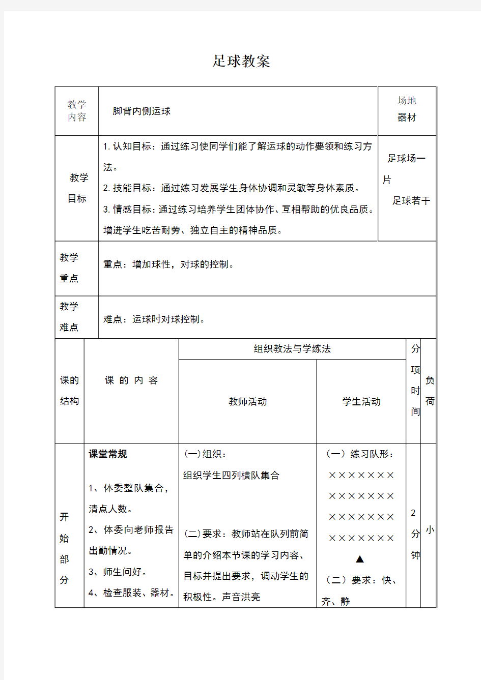 足球脚背内侧运球教案