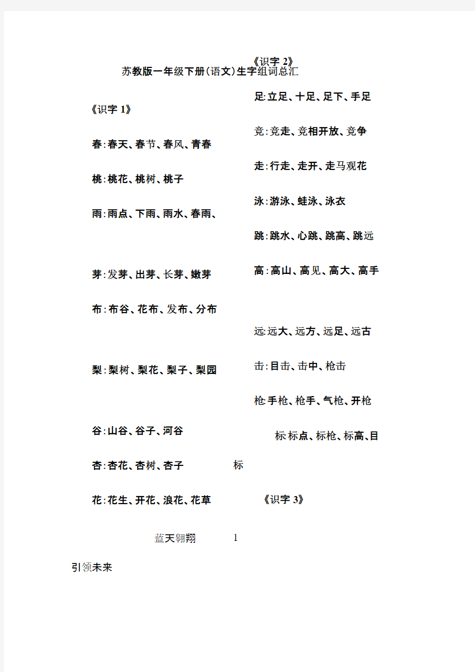 苏教版一年级语文下册生字组词整理全