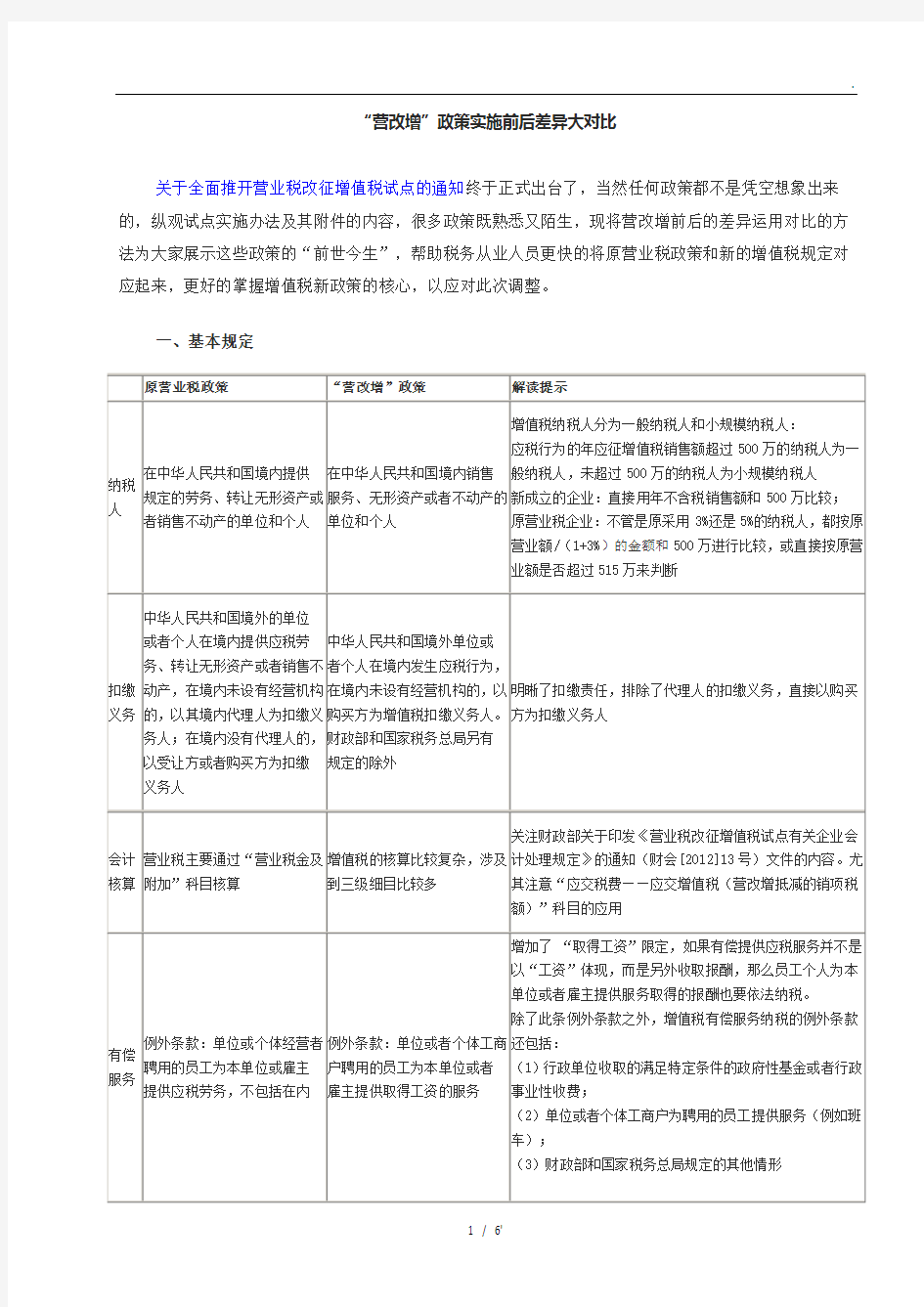 “营改增”政策实施前后差异大对比