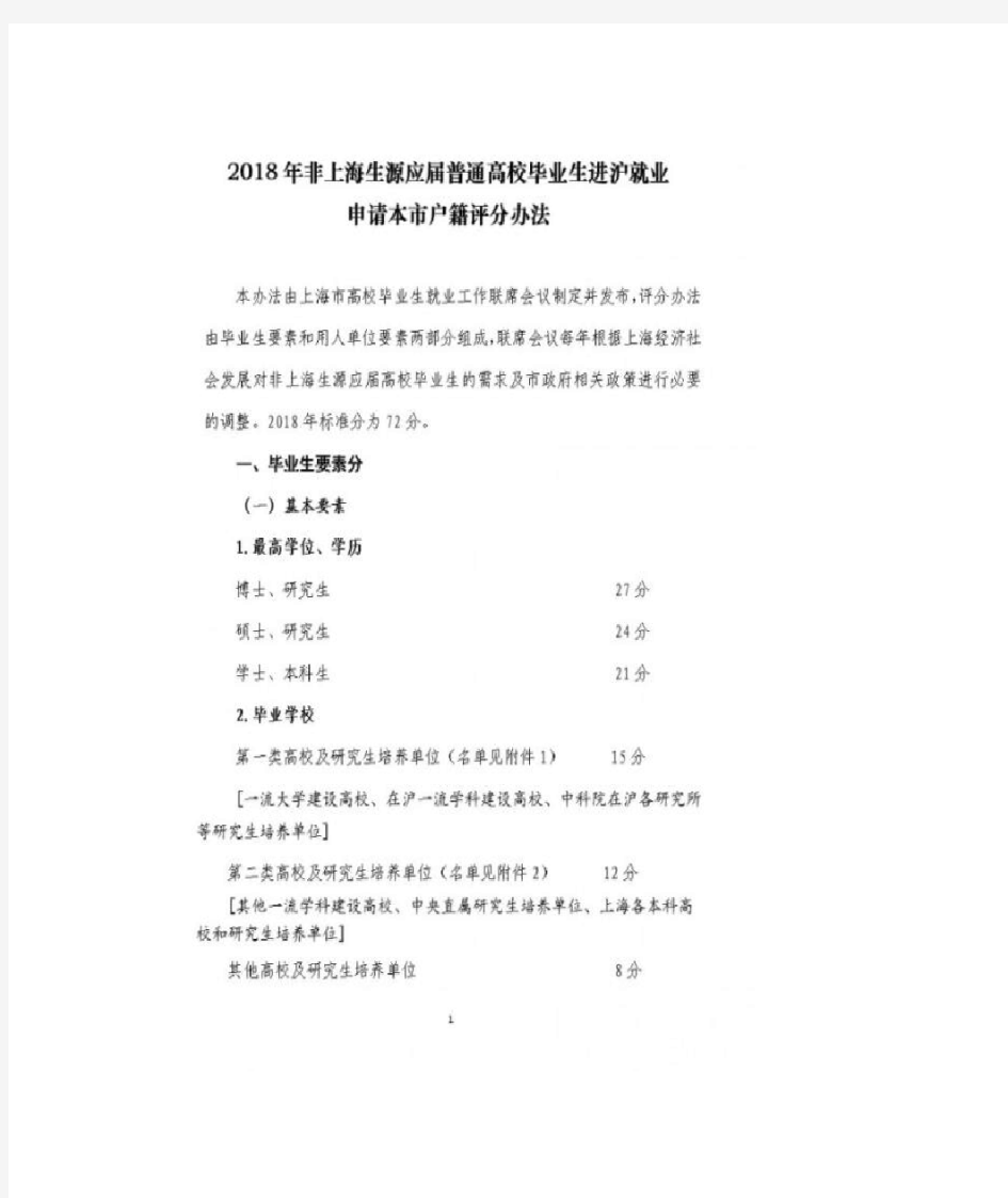 2018年非上海生源应届毕业生落户评分细则