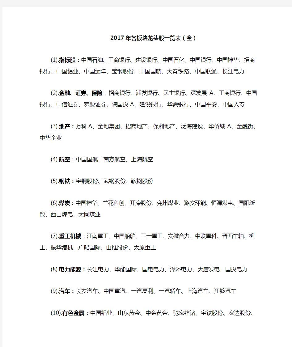 2017年各板块龙头股一览表(全)资料