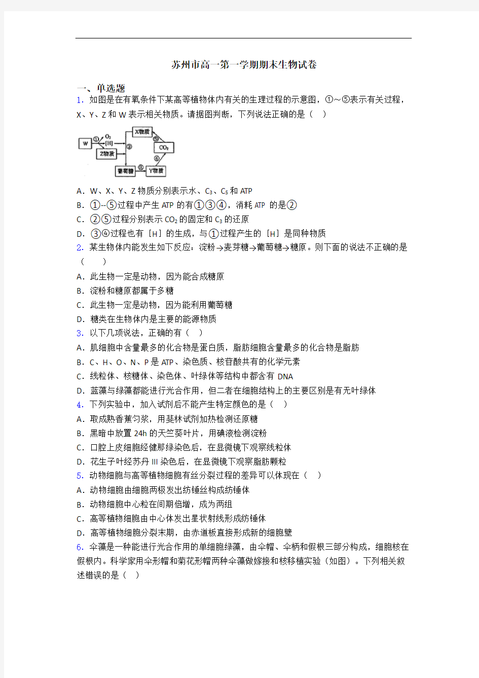 苏州市高一第一学期期末生物试卷