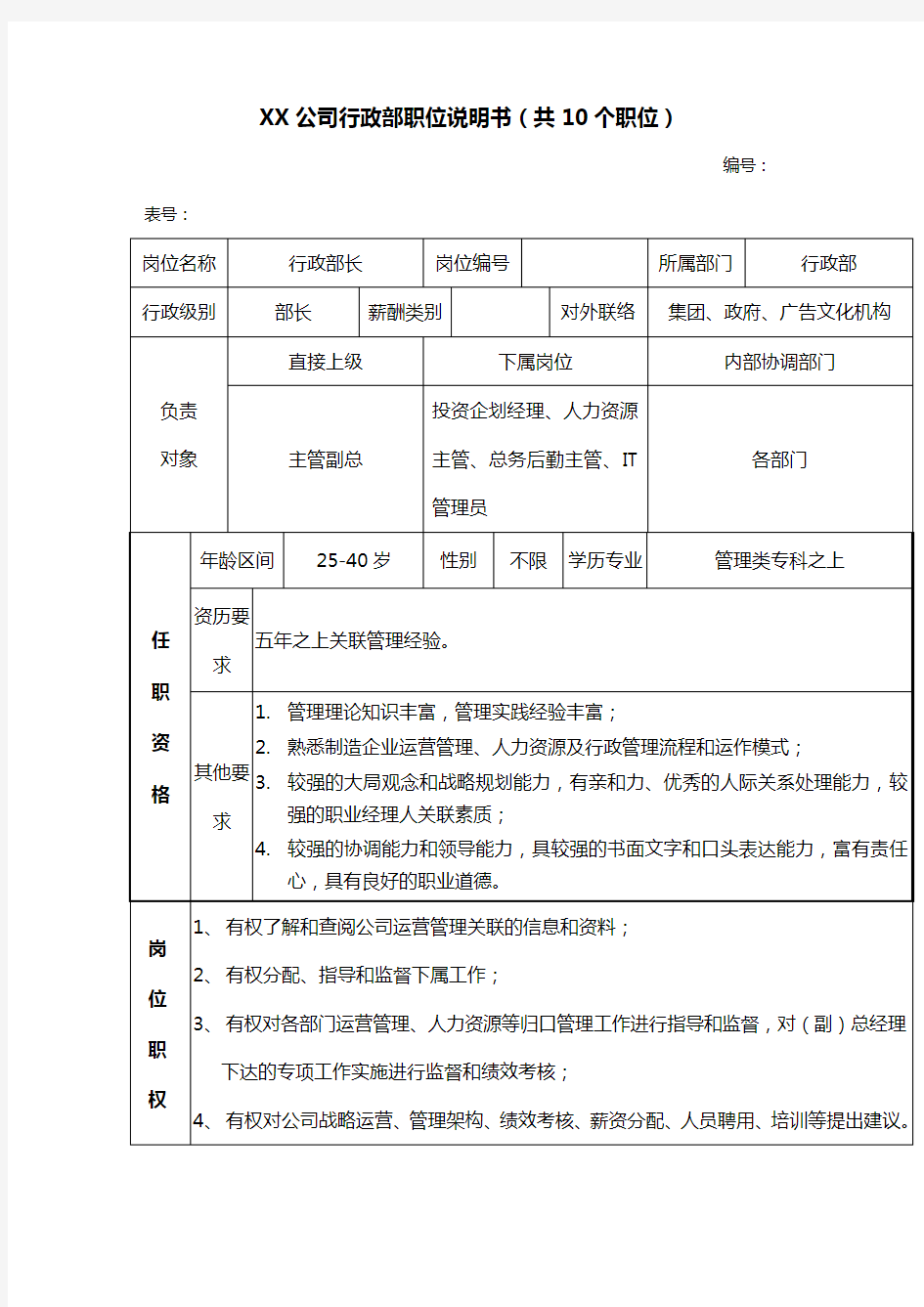 (岗位职责)公司行政部职位说明书(共个职位)