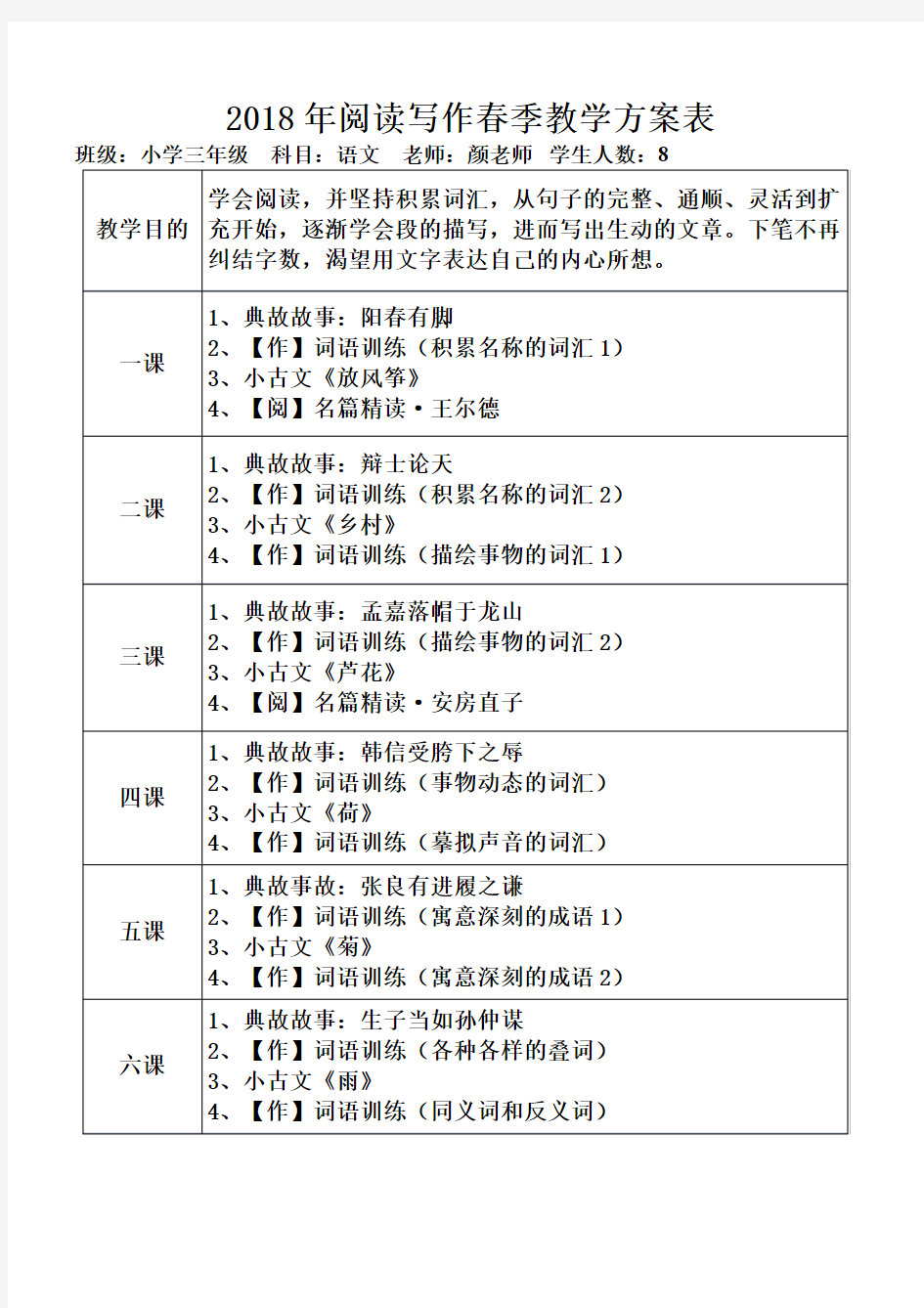 三年级阅读与写作教学计划(2018春)