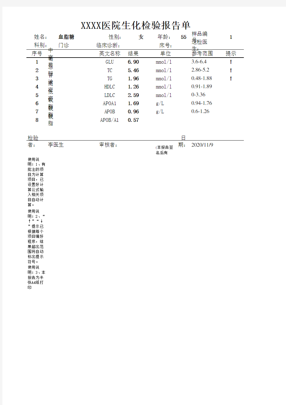 血脂血糖检验报告单模板改进版