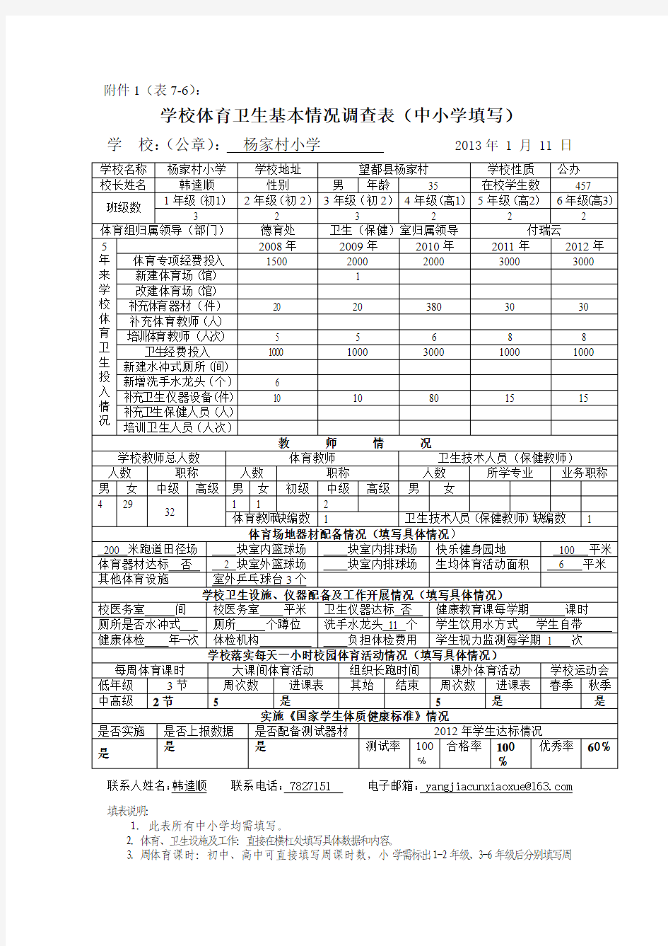 中小学校体育卫生基本情况调查表