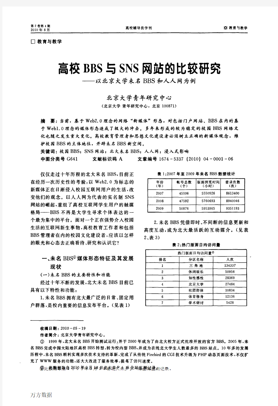 高校BBS与SNS网站的比较研究——以北京大学未名BBS和人人网为例