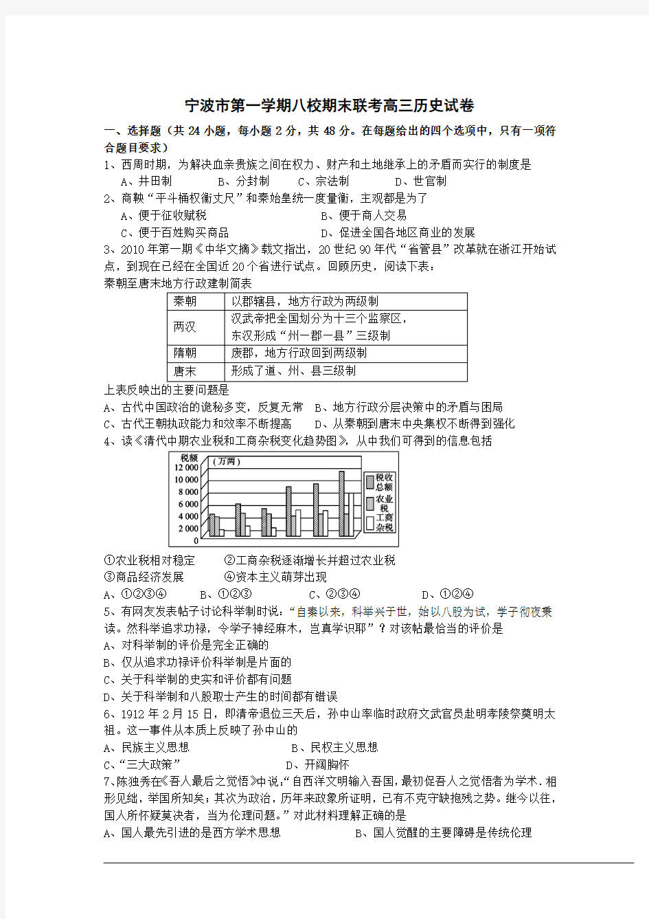 宁波市第一学期八校期末联考高三历史试卷