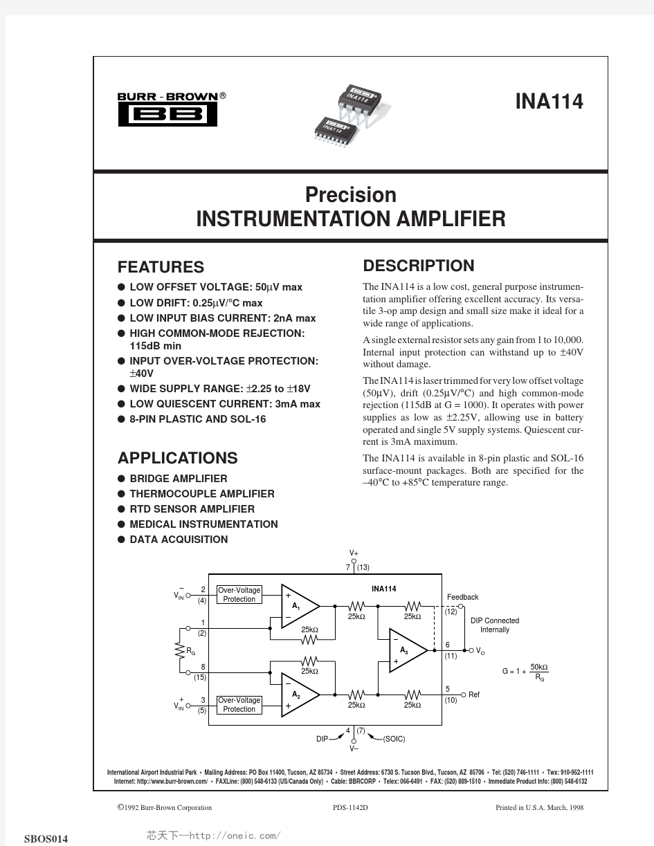 INA114AP,INA114AU,INA114BP,INA114BU,INA114AU 1KE4,INA114BU 1K,INA114BU 1KE4, 规格书,Datasheet 资料