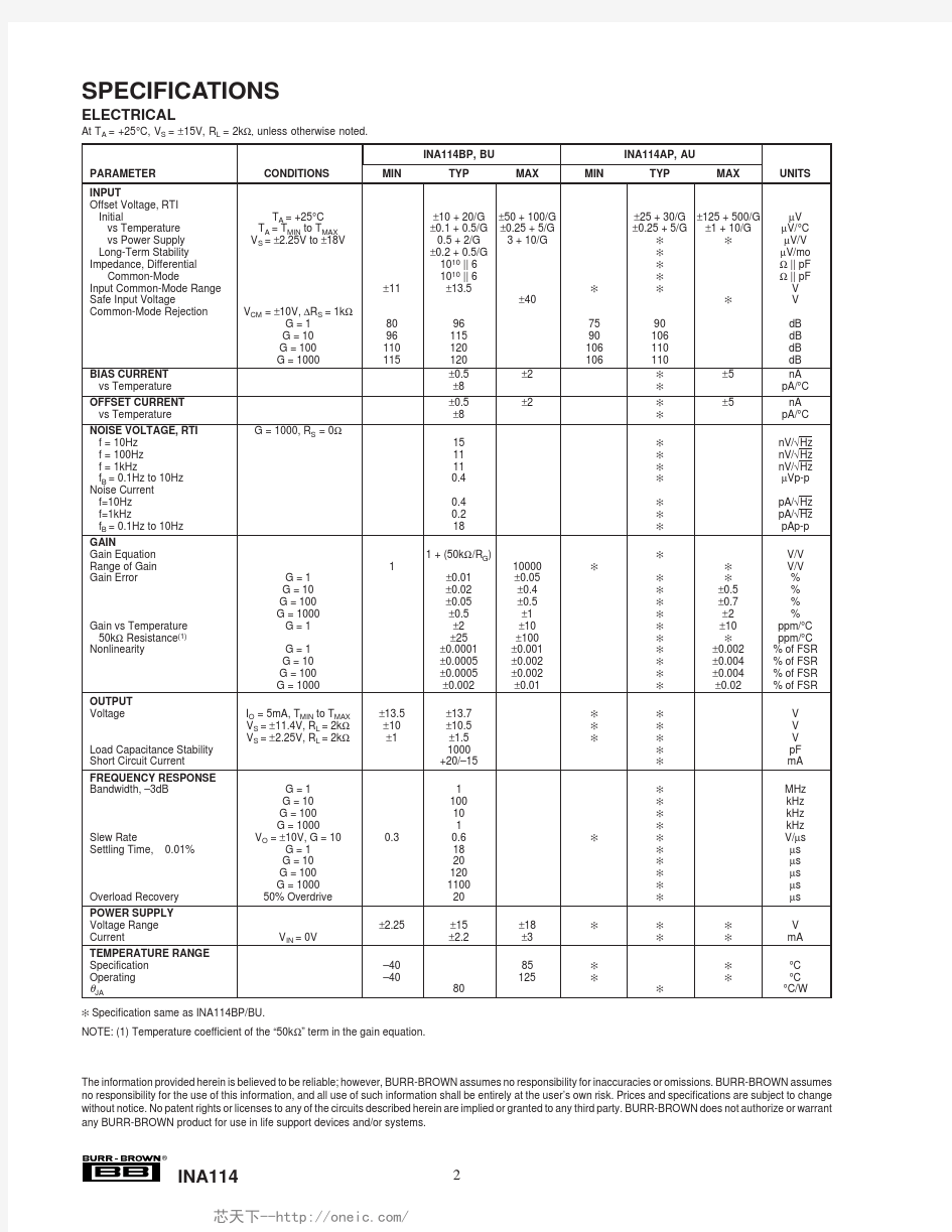 INA114AP,INA114AU,INA114BP,INA114BU,INA114AU 1KE4,INA114BU 1K,INA114BU 1KE4, 规格书,Datasheet 资料