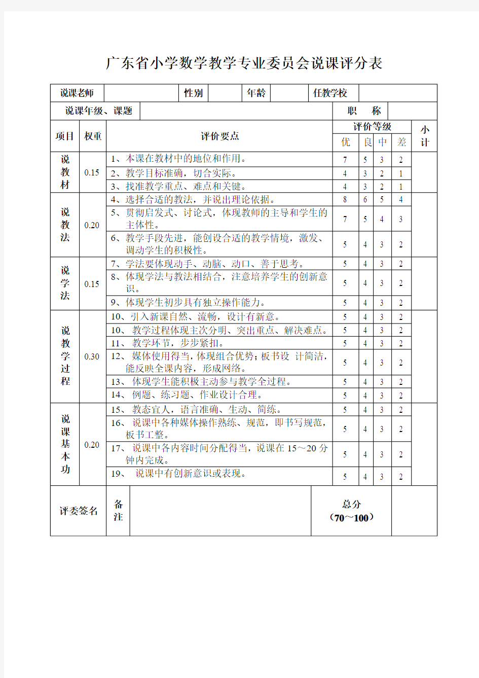 广东省小学数学教学专业委员会说课评分表