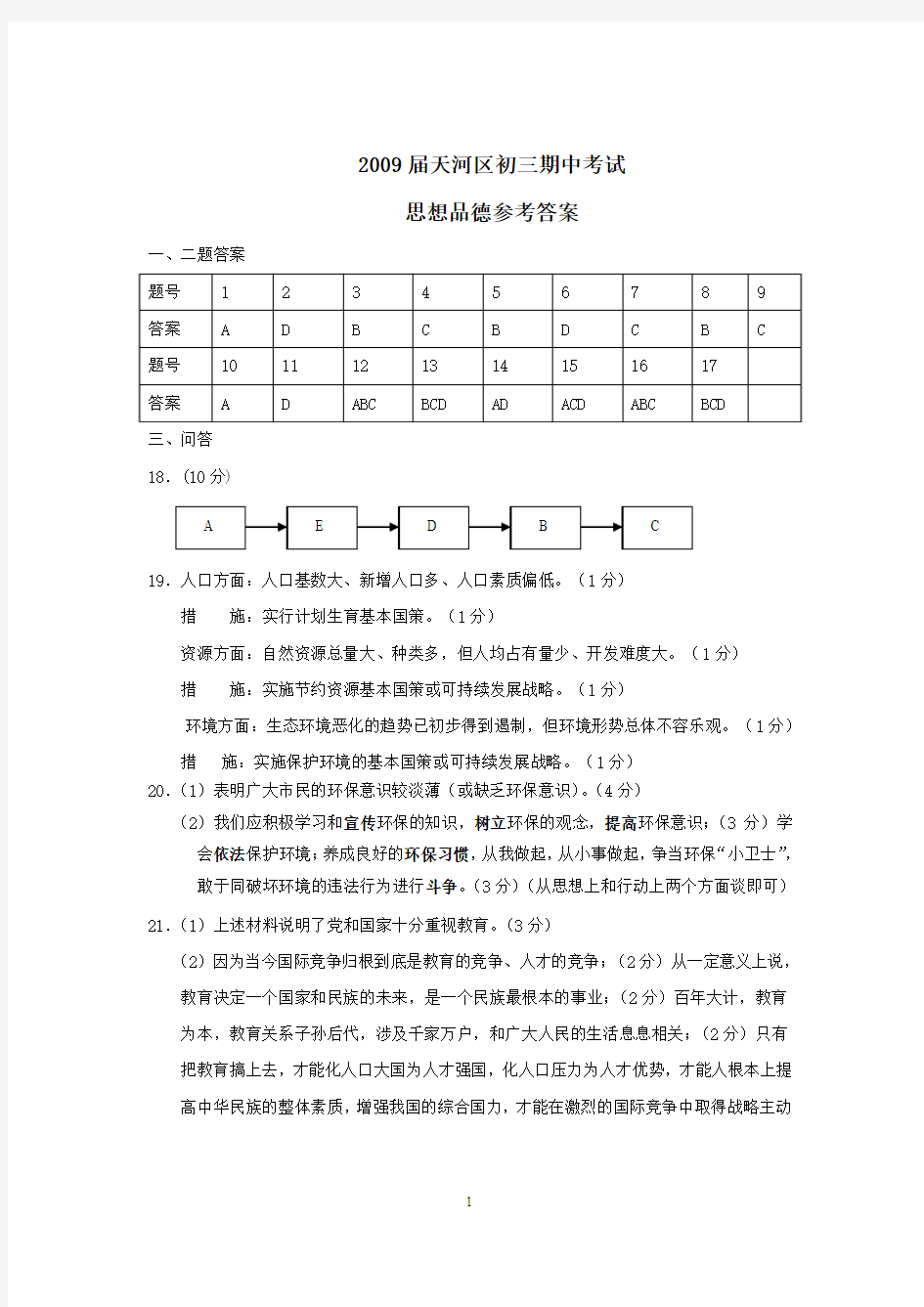 初三政治中考答案