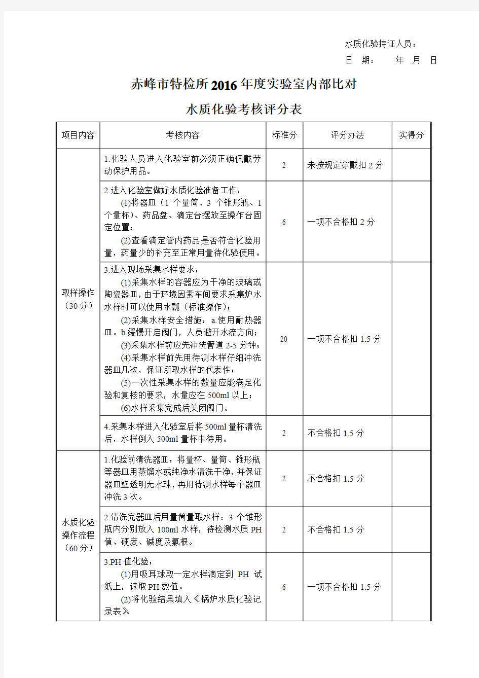 水质化验员考试评分表