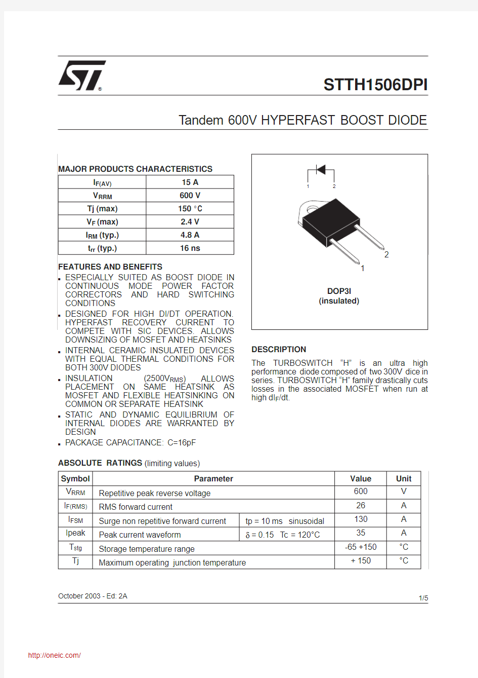 STTH1506DPI;中文规格书,Datasheet资料