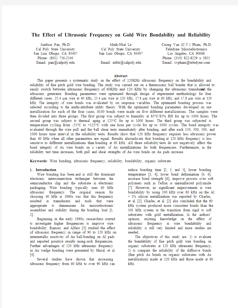 The Effect of Ultrasonic Frequency on Gold Wire Bondability and Reliability(2)