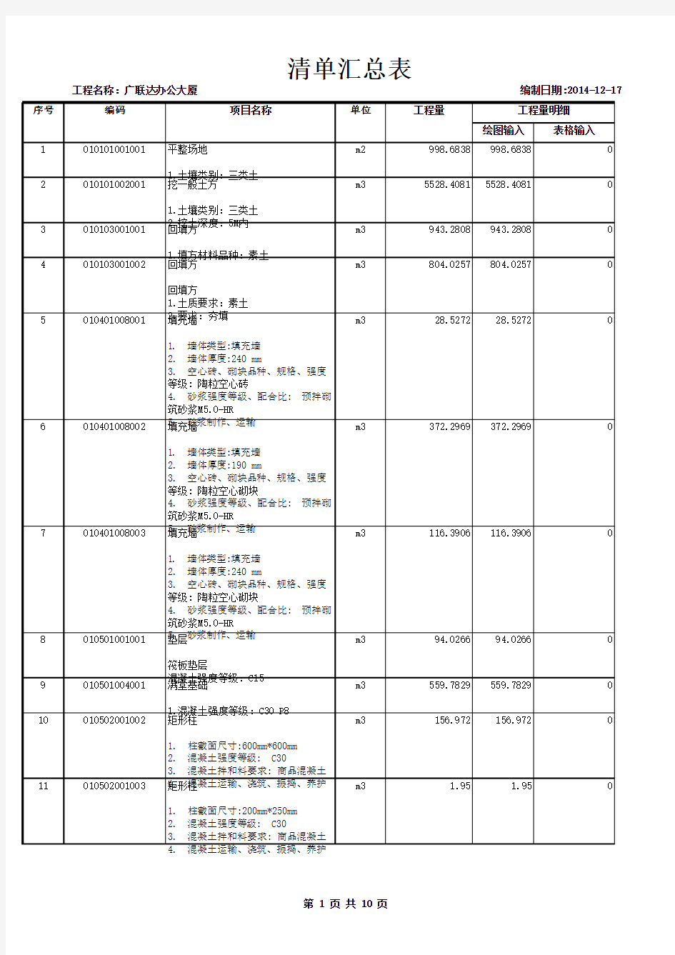 广联达办公大厦-清单汇总表