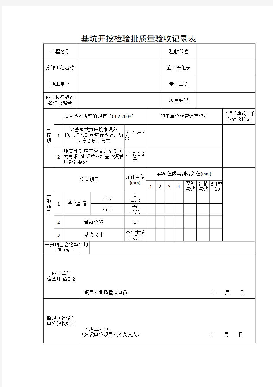 基坑开挖检验批质量验收记录表