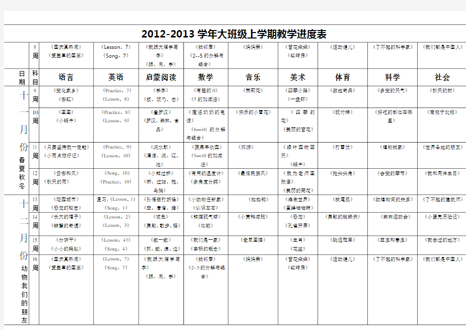 幼儿园大班级教学进度表