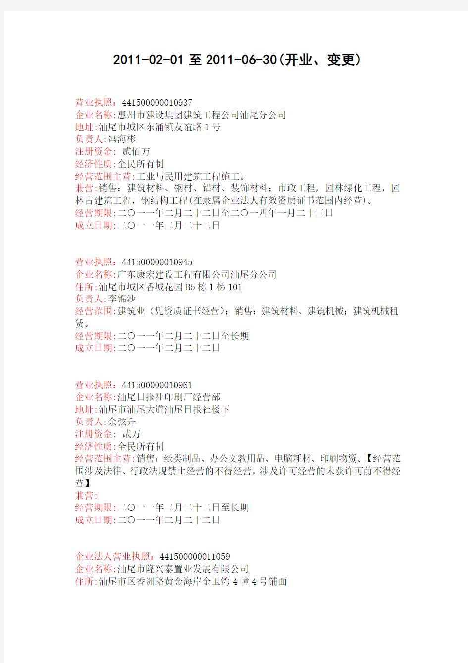 2011-02-01至2011-06-30(开业、变更) - swaicgovcn