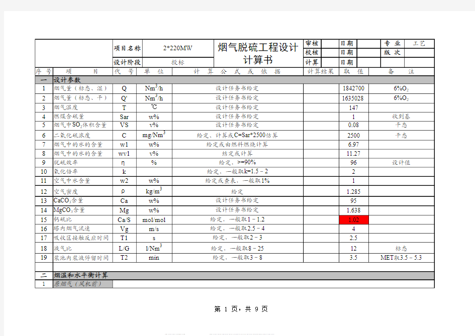 湿法脱硫工艺计算书表格