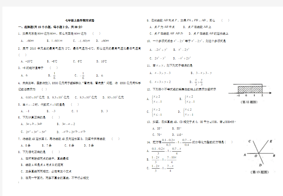 人教版初一数学上册期末考试试题及答案