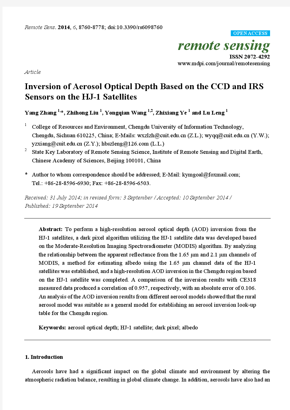 Inversion of aerosol optical depth based on CCD and IRS sensors on HJ-1 satellites