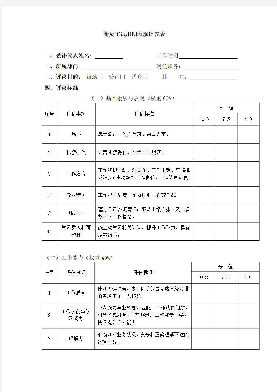 新员工入职表现评议表