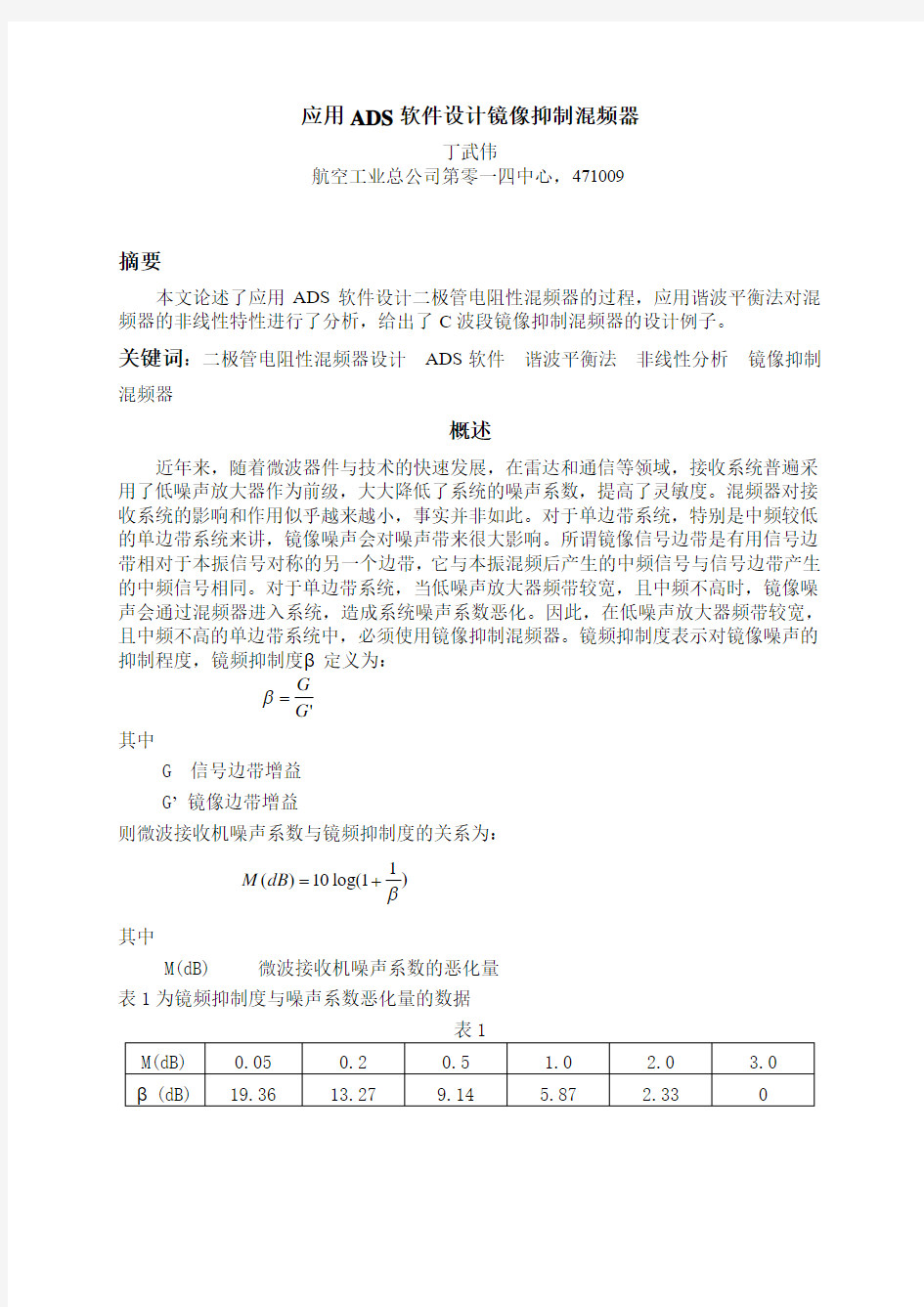 应用ADS软件设计镜像抑制混频器