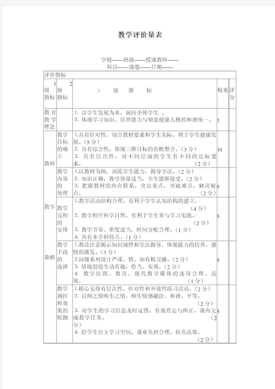 教学评价量表