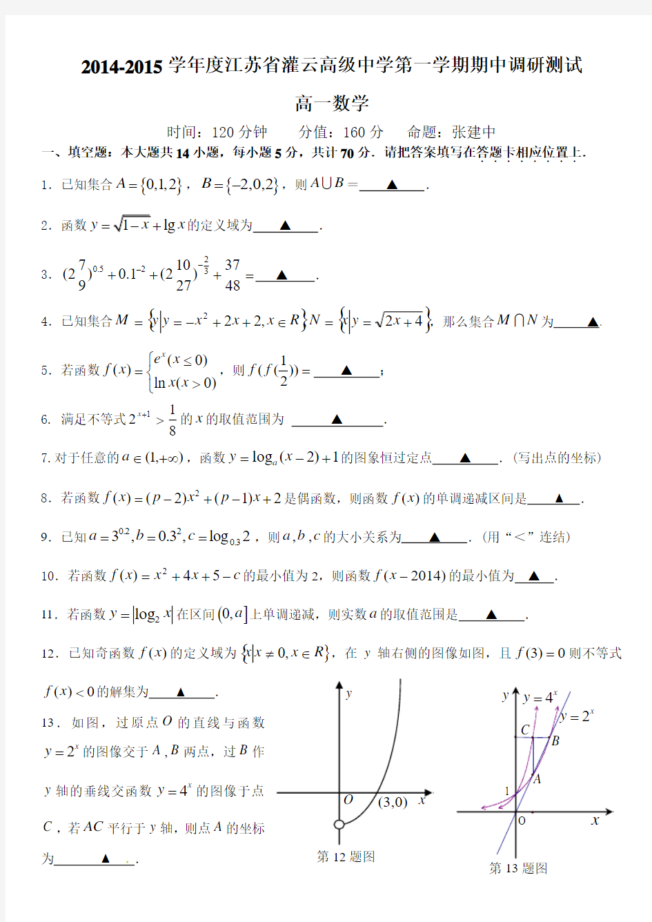 2014-2015学年度江苏省灌云高级中学第一学期期中调研测试(高一数学)