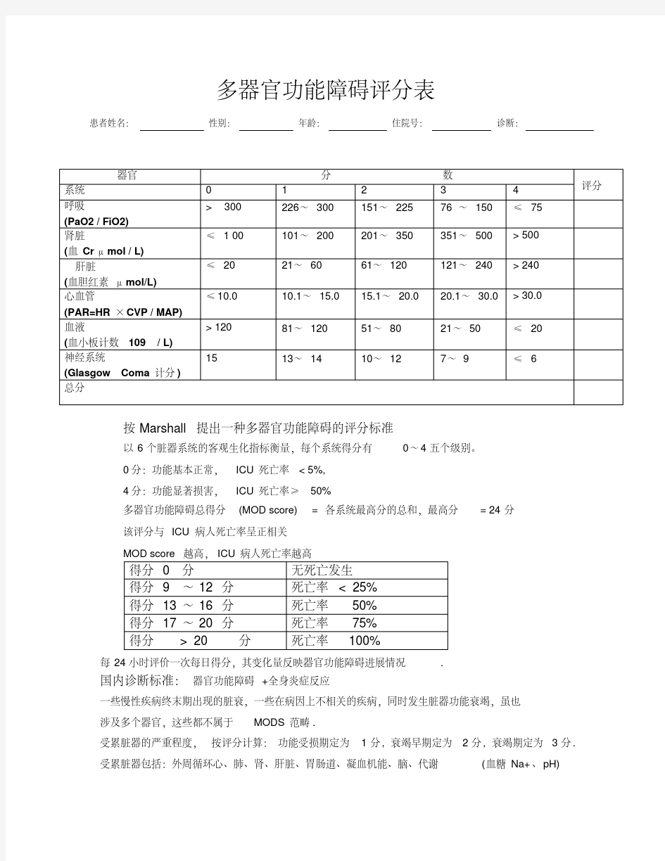 多器官功能障碍综合征MODS评分表(通用)