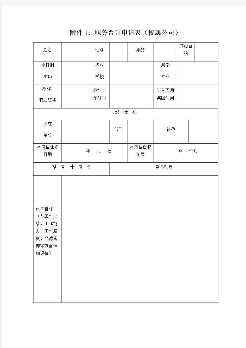 员工职务晋升申请表