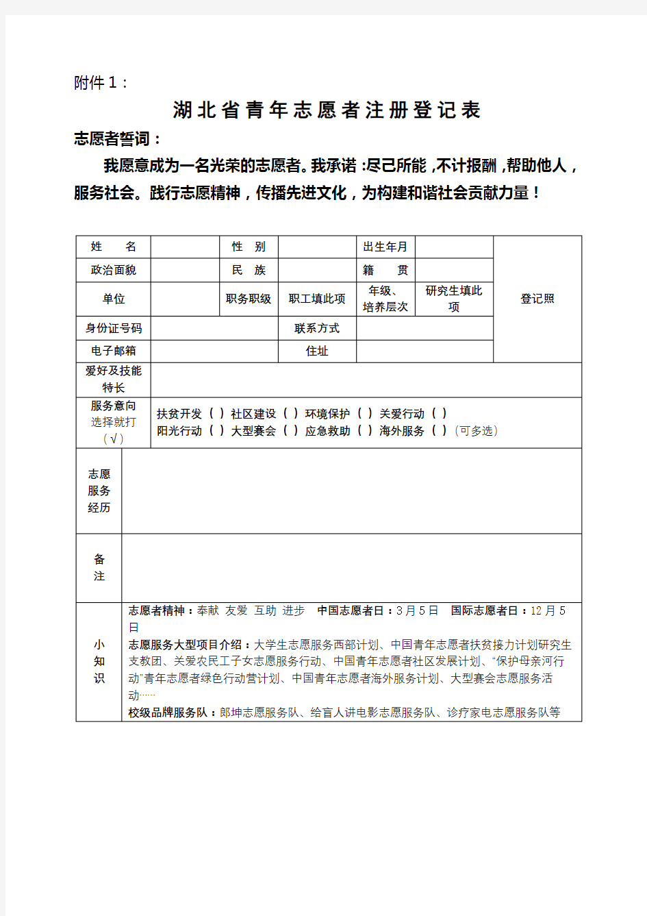 湖北省青年志愿者注册登记表【模板】