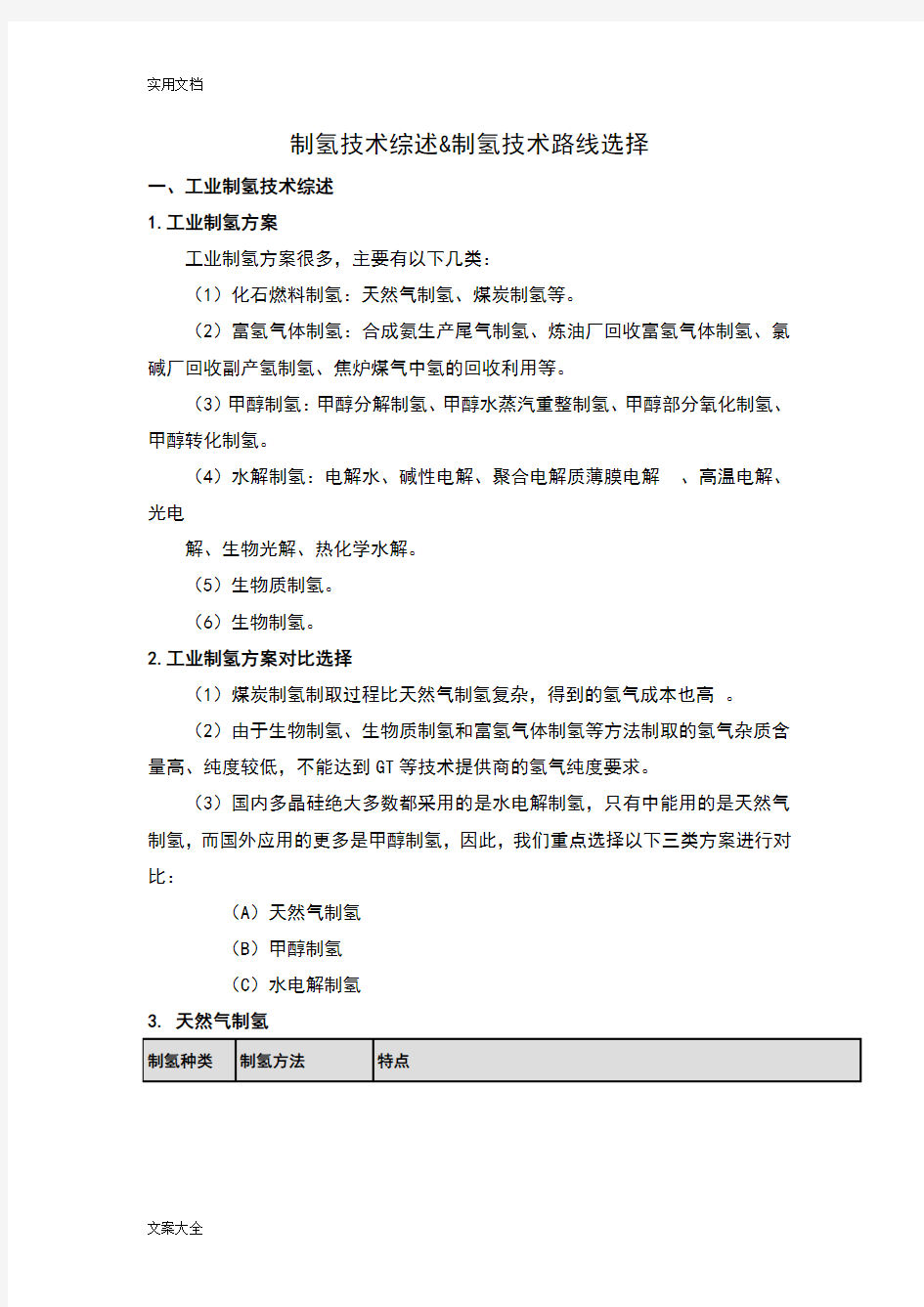 制氢技术比较及分析报告