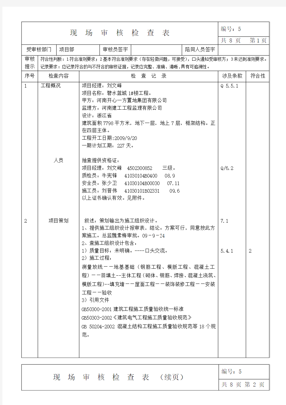 房建项目部审核记录