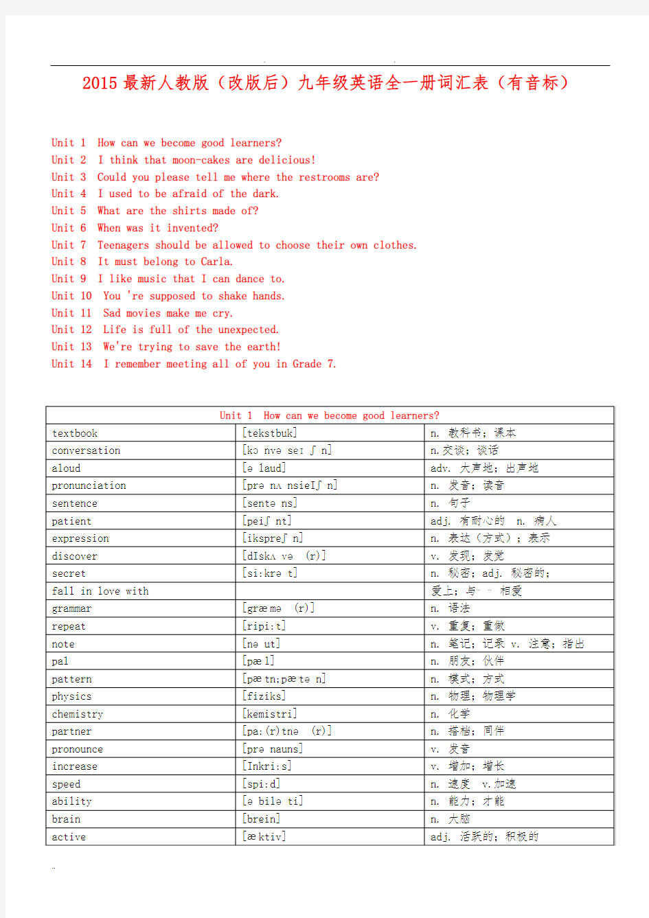 2015人教版九年级(全册)英语单词词汇表(最新)