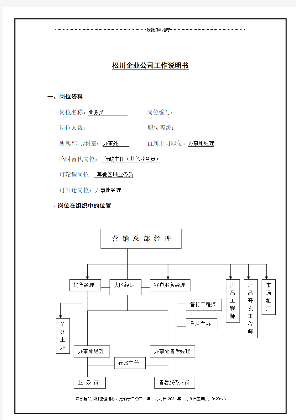 业务员岗位职务说明