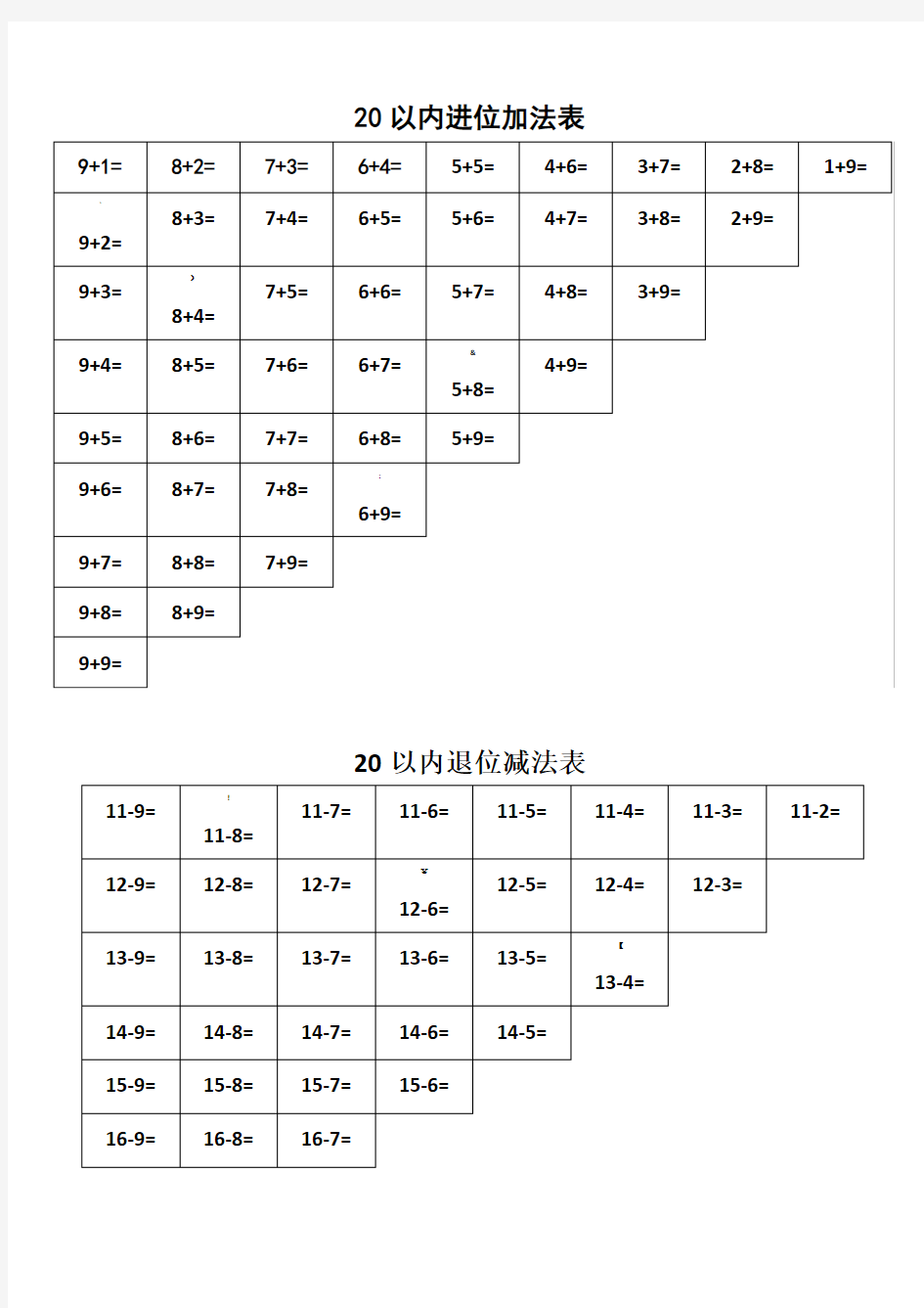 20以内进位加法、退位减法空表