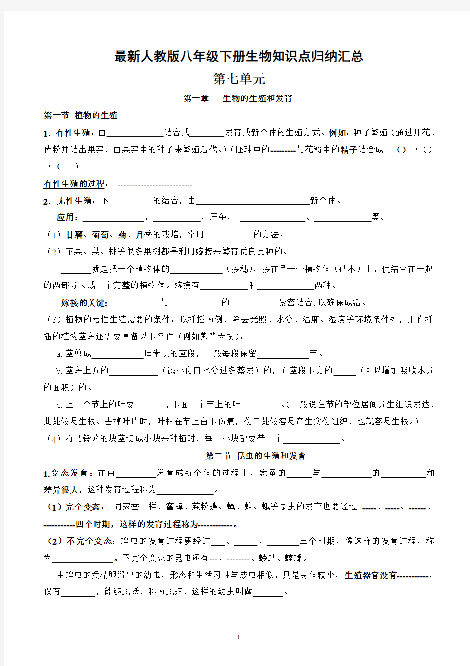 最新人教版八年级生物下册知识点归纳汇总版