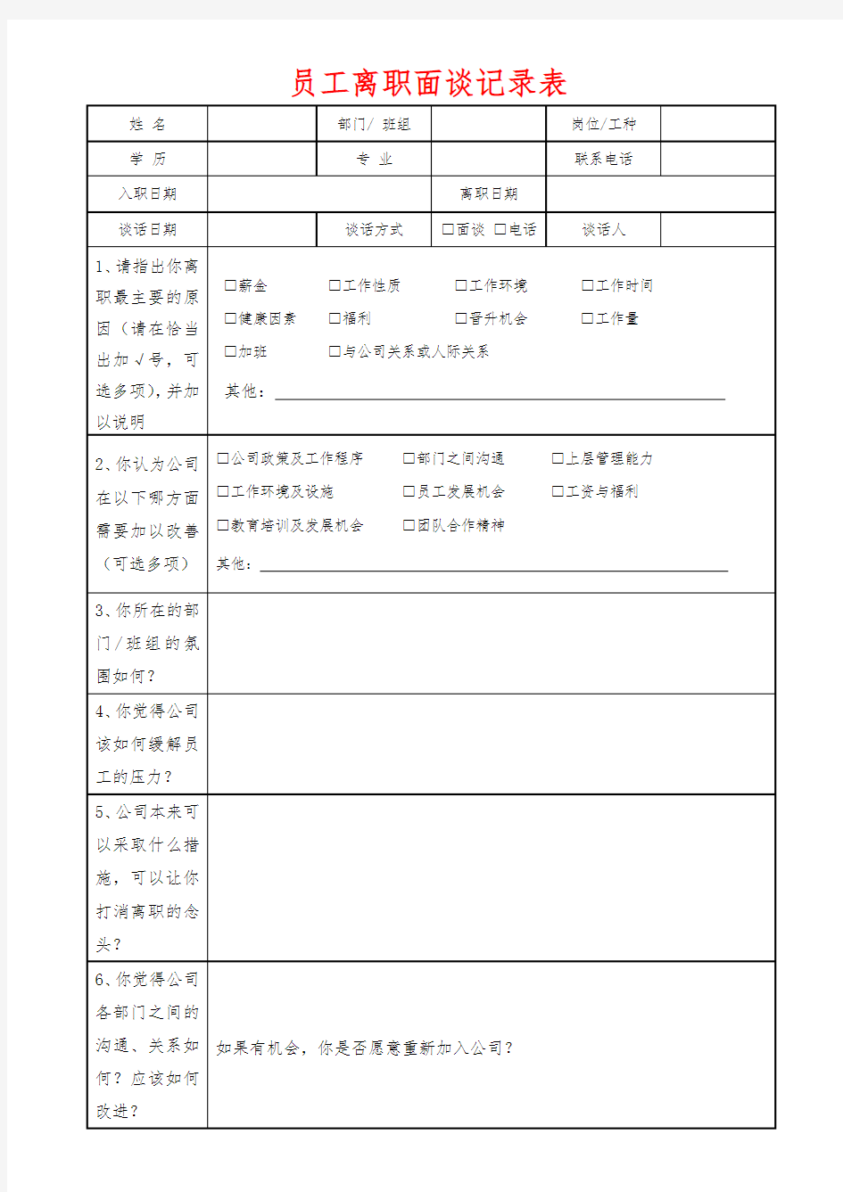 员工离职面谈记录表官方版