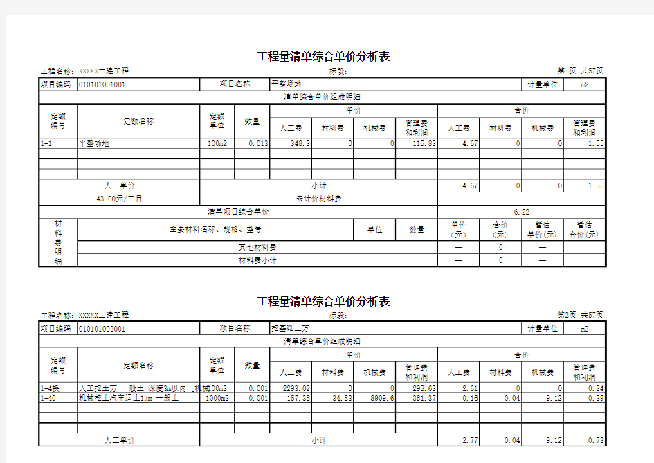 工程量清单综合单价分析表土建