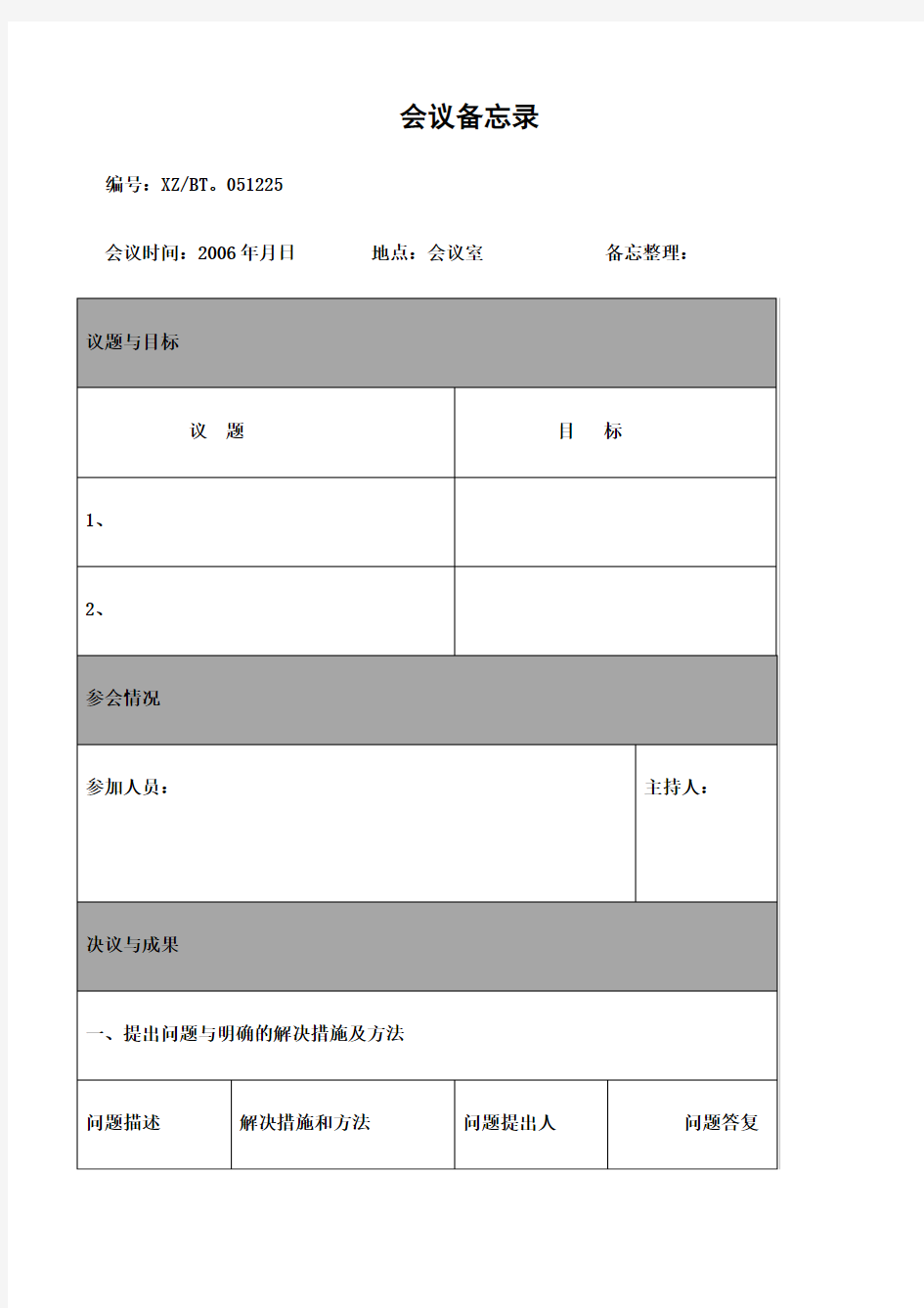 会议备忘录表格