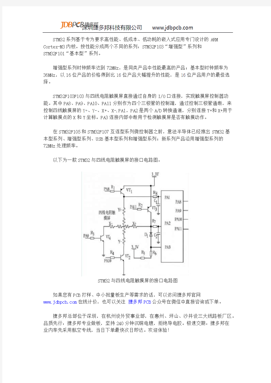 一款专为要求高性能嵌入式应用专门设计的STM32与四线电阻触摸屏的接口电路图