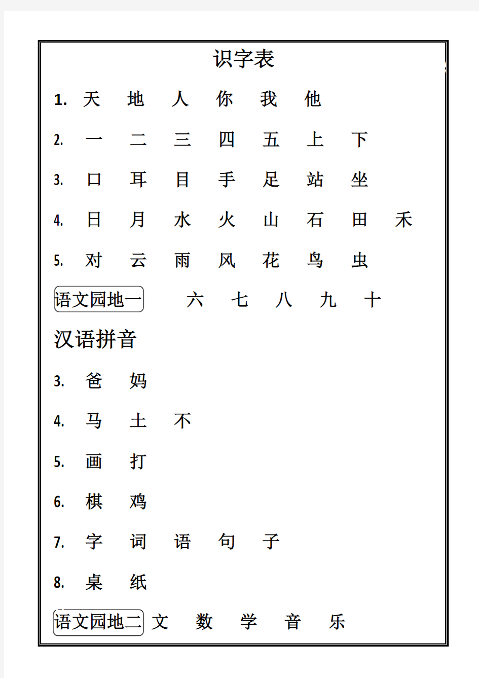 一年级上册语文生字表