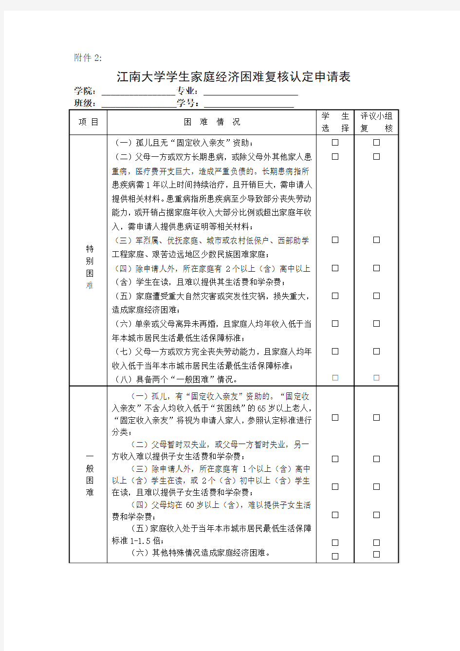 江南大学家庭经济困难学生复核认定申请表