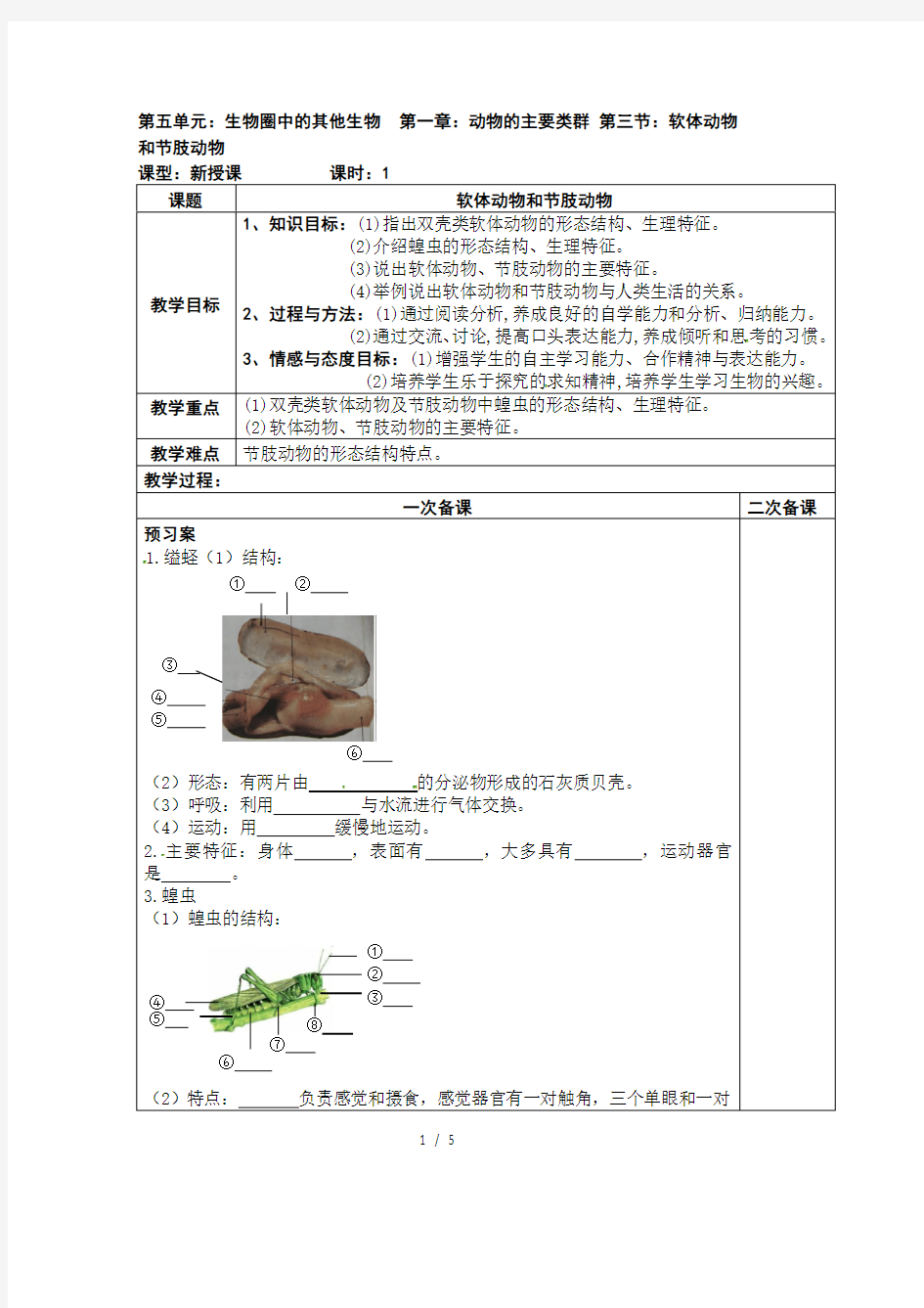 5.1.3 软体动物和节肢动物-人教版八年级上册生物教学案